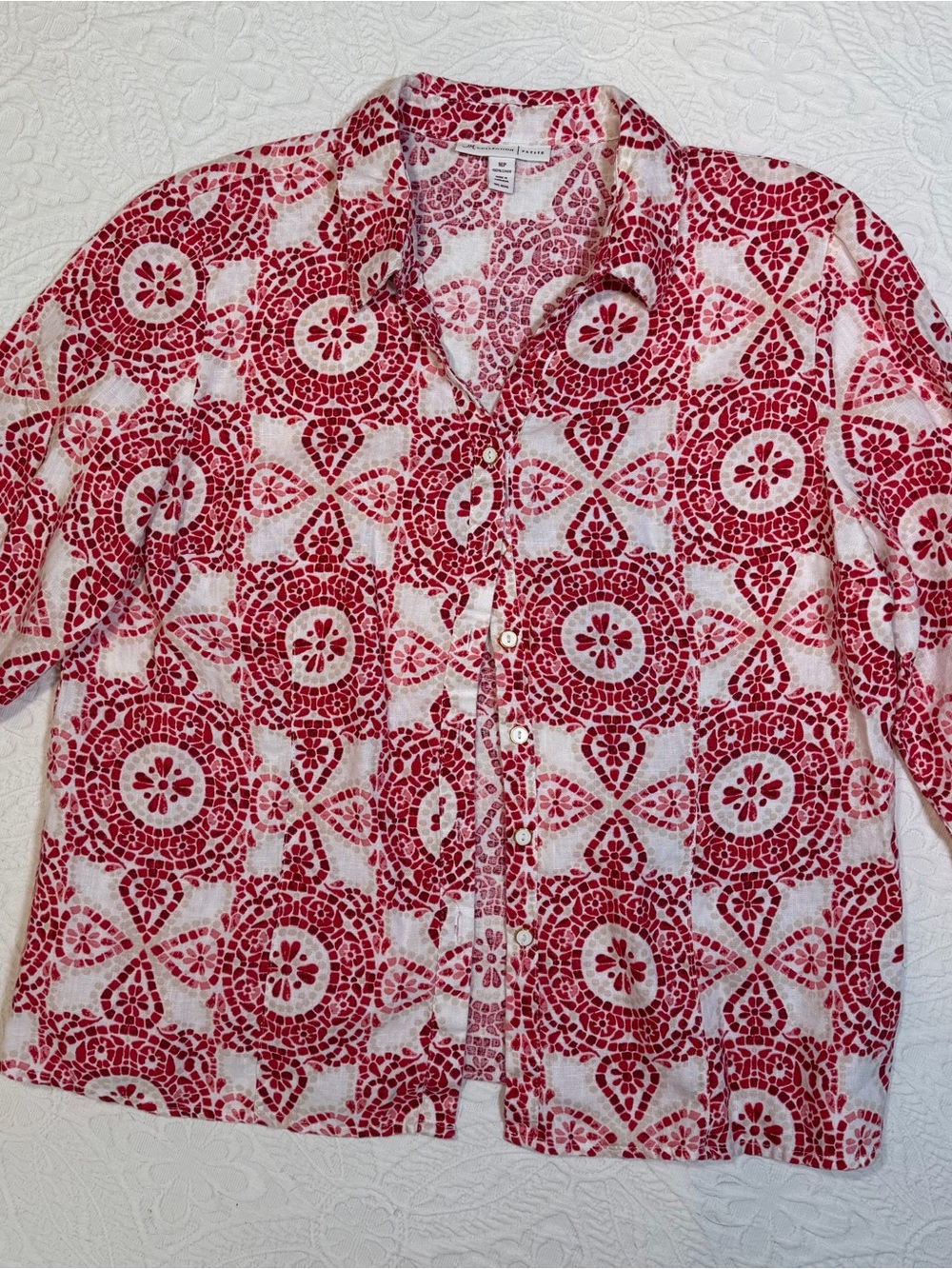 100% Linen Red White Pattern Button-Up Top 3/4 Sleeve Women’s 16P JM Collection
